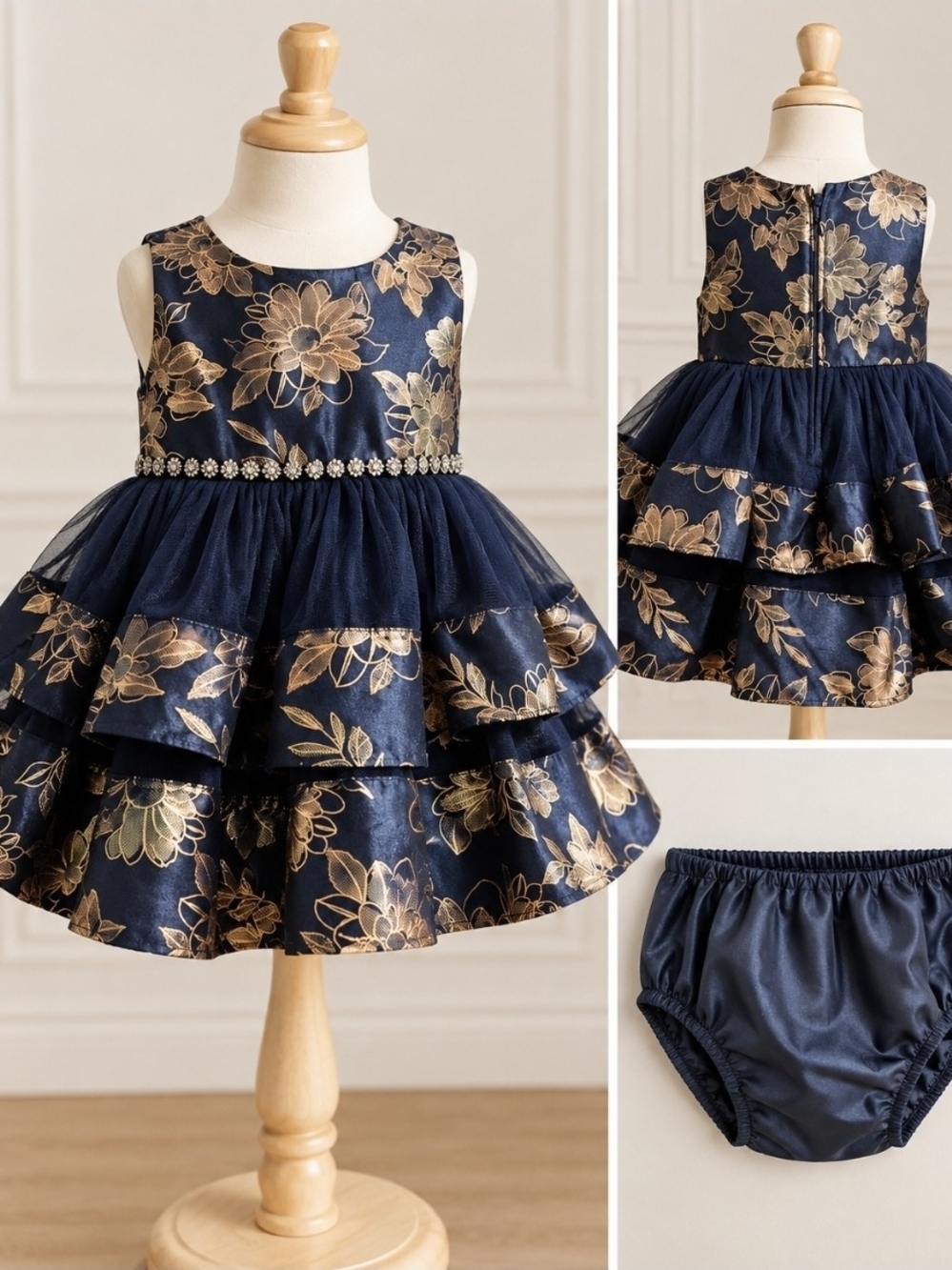 Bonnie Baby Girls 12M Navy Gold Floral Tiered Party Dress NWT